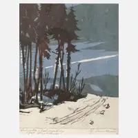 Käthe Mikwausch, "Tauwetter im Osterzgebirge", Farbholzschnitt auf Japanpapier