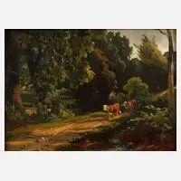 Prof. Friedrich Volz, Waldweg mit Kühen, Öl auf Pappe