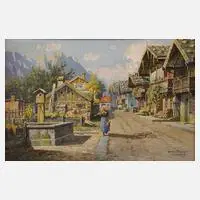 Prof. Hans Frahm, Straßenszene in Garmisch, Öl auf Sperrholztafel