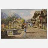 Prof. Hans Frahm, Straßenszene in Garmisch, Öl auf Sperrholztafel