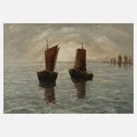 "Fischerkähne in der Elbmündung" by Hugo Gatscher, Öl auf Hartfaserplatte, sold Nov 2021