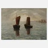 Hugo Gatscher, "Fischerkähne in der Elbmündung", Öl auf Hartfaserplatte