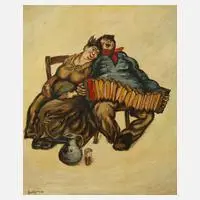 Bruno Hecker, Weinseliges Liebespaar, Öl auf Karton