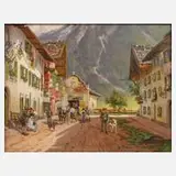 Georg Hemmrich, Ankunft der Postkutsche, Öl auf Sperrholz