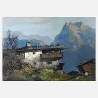 Ewald Hess, Berghütte im Sonnenlicht, Öl auf Leinwand