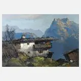 Ewald Hess, Berghütte im Sonnenlicht, Öl auf Leinwand