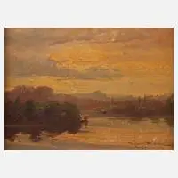 Hermann Maurer, Abend am See, Öl auf Karton und Holzplatte
