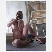 Corinna Weiner, Selbstbildnis als Akt mit Fotoapparat, fotografierend