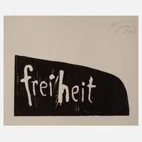 "freiheit" by Felix Droese, 2003, Holzschnitt in Dunkelbraun mit dem Schriftzug "freiheit", sold Nov 2021