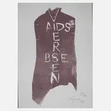 Prof. Felix Droese, "Ohne Titel", Holzschnitt in violett mit dem Schriftzug "AIDS VIERSEN BSE"