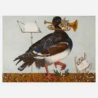Michael Prechtl, "Großer schwarzer Trompetervogel", 1926, Farblithographie