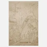 Gustav Süs, Das Versteck, Zeichnung in Sepia auf Papier