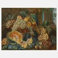 A. Hartung, Früchtestillleben mit Papagei, Pastell
