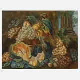 A. Hartung, Früchtestillleben mit Papagei, Pastell