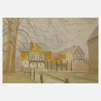 Fritz Tröger, "Fachwerkhäuser im Vorfrühling", 1944, Aquarell über Bleistift