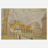 Fritz Tröger, "Fachwerkhäuser im Vorfrühling", 1944, Aquarell über Bleistift