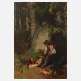 Hugo Kotschenreiter, Wildschütz im Wald, Öl auf Holzplatte