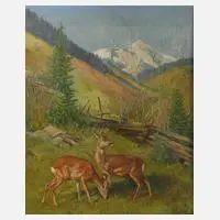 H. Engel, Rehe im Gebirge, Öl auf Malkarton