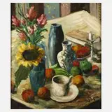 Willy Jäger, Tafelstillleben mit Sonnenblume, Öl auf Leinwand