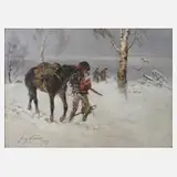 Winterfeldzug 1814 by Jerzy Kossak, 1939, Öl auf Karton, sold Aug 2021