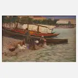 Wilhelm Reuter, Wäschefrauen am Ufer, Öl auf Karton