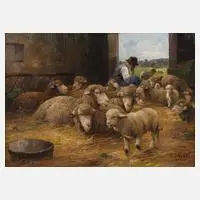 Carl Schaller, Schafstall mit Schäfer, Öl auf Karton