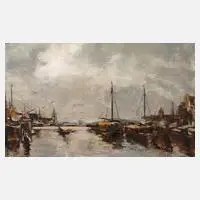 E. v. Schrader, Im Hafen von Amsterdam, Öl auf Leinwand