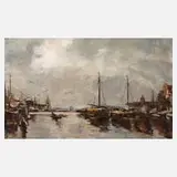E. v. Schrader, Im Hafen von Amsterdam, Öl auf Leinwand