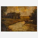 Prof. Alfred Thon, Abend am Fluss, Öl auf Malkarton
