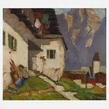 Reinhold Werner, Dorf im Gebirge, 1938, Öl auf Platte