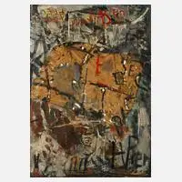 Heimrad Prem, Abstrakte Komposition, Collage mit appliziertem Stoffstück und Wortfragmenten in melancholischer