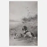 Ernest Bellecroix, Jagdhund mit Rebhuhn, Bleistiftzeichnung auf weiß grundierter Holzplatte