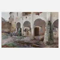 Prof. Max Fritz, Am Brunnen, Aquarell und Deckfarben
