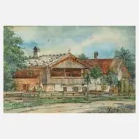Prof. Hermann Pampel, Bauernhof in Kochel, Aquarell und Deckweiß