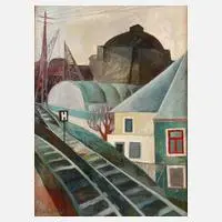 Bruno Dolinski, An der Gasanstalt, Tempera auf Öl auf Leinwand