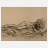 Walther Gasch, Liegender Damenakt, 1913, Kohlezeichnung auf bräunlichem Papier