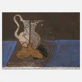Helmut Gebhardt, "Stillleben mit Birnen", Farblinolschnitt auf grauem Papier