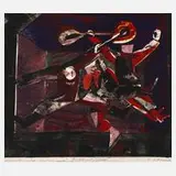 Helmut Gebhardt, "Tanzende mit Instrument", Farblinolschnitt