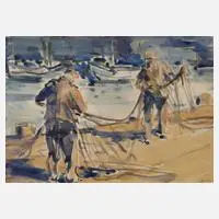 Hanns Georgi, Fischer beim Netze flicken, Aquarell