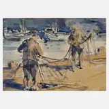 Hanns Georgi, Fischer beim Netze flicken, Aquarell