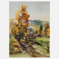 Gerhard Oßmann, "Im Herbst bei Siebenbrunn", 1975, Aquarell in leuchtender Farbigkeit