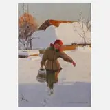 Wiktor Korecki, Wasser tragendes Mädchen, 1934, Öl auf Pappe