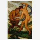 Prof. Wilhelm Süs, Faun und Mänade tanzend, Öl auf Karton