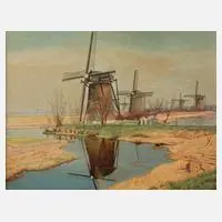 Prof. August Trümper, Landschaft mit Windmühlen, Öl auf Hartfaserplatte