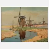 Prof. August Trümper, Landschaft mit Windmühlen, Öl auf Hartfaserplatte