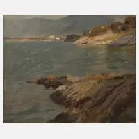 Julius Wentscher, "Fjord bei Bergen", 1913, Öl auf Leinwand und auf Pappe kaschiert