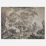 Daniel Düringer, Gebirgslandschaft mit See, Radierung