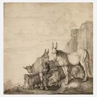Moses van Uyttenbroeck, "Die Esel", Radierung auf Papier mit Wasserzeichen Lilie auf Wappenschild