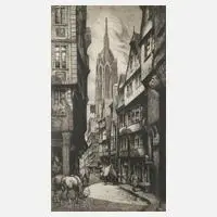 Bernhard Liebig, Partie in Frankfurt am Main, Radierung auf aufgewalztem Japanpapier
