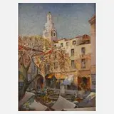 J. Bergling, Blumenmarkt in San Remo, Aquarell in warmer freundlicher Farbigkeit